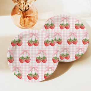Prato De Papel Berry Sweet Strawberry Aniversário Pink Gingham