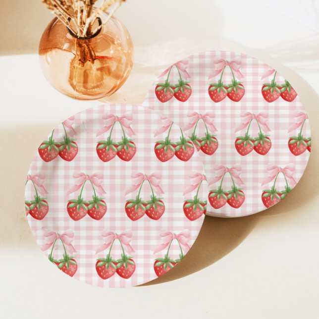 Prato De Papel Berry Sweet Strawberry Aniversário Pink Gingham (Criador carregado)