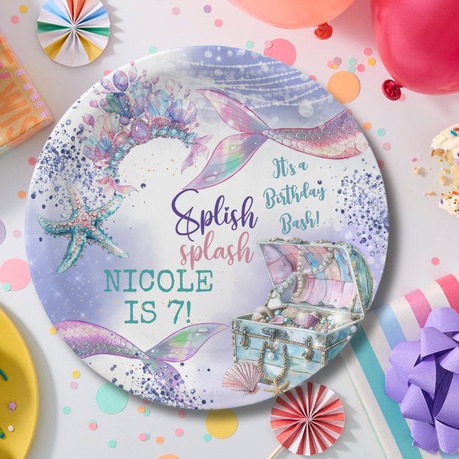 Prato De Papel Bicho de aniversário da sereia mágica de esplash (Criador carregado)