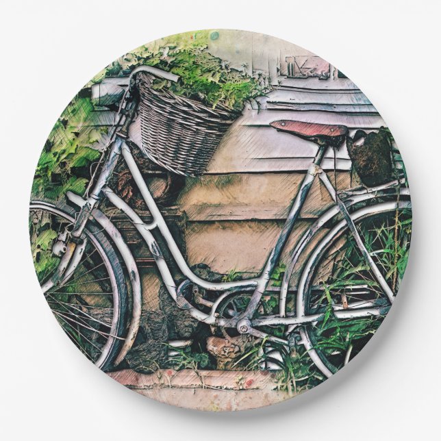 Prato De Papel Bicicleta e Cesta no Jardim (Frente)