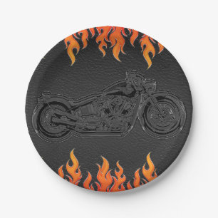 Prato De Papel Biker de Moto Flames Laranja Couro Preto Festa