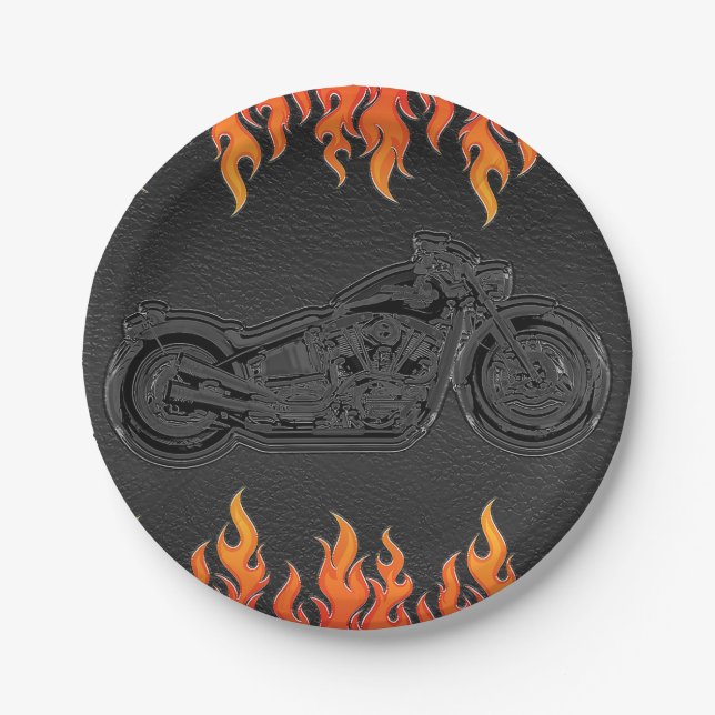 Prato De Papel Biker de Moto Flames Laranja Couro Preto Festa (Frente)