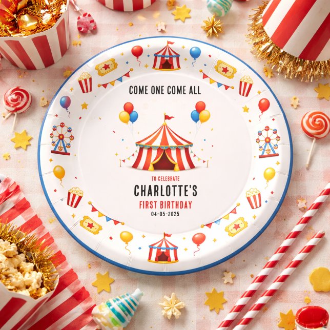 Prato De Papel Bilhete de Circo Vermelho Moderno para 1º Aniversá (Modern Red Circus Ticket 1st Birthday | Any Gender Paper Plates
)
