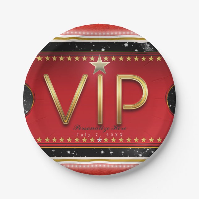 Prato De Papel Bilhete VIP Festa Glam Black Red Gold & Silver (Frente)