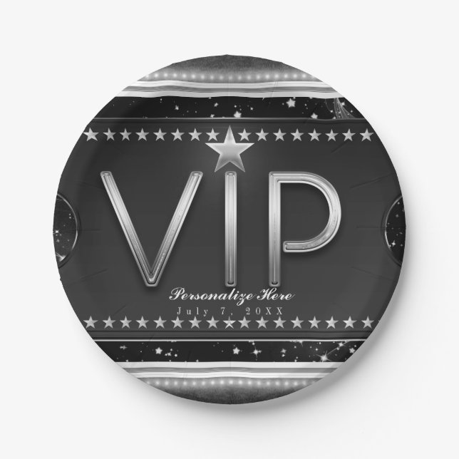 Prato De Papel Bilhete VIP Festa Personalizada Black & Silver Gla (Frente)
