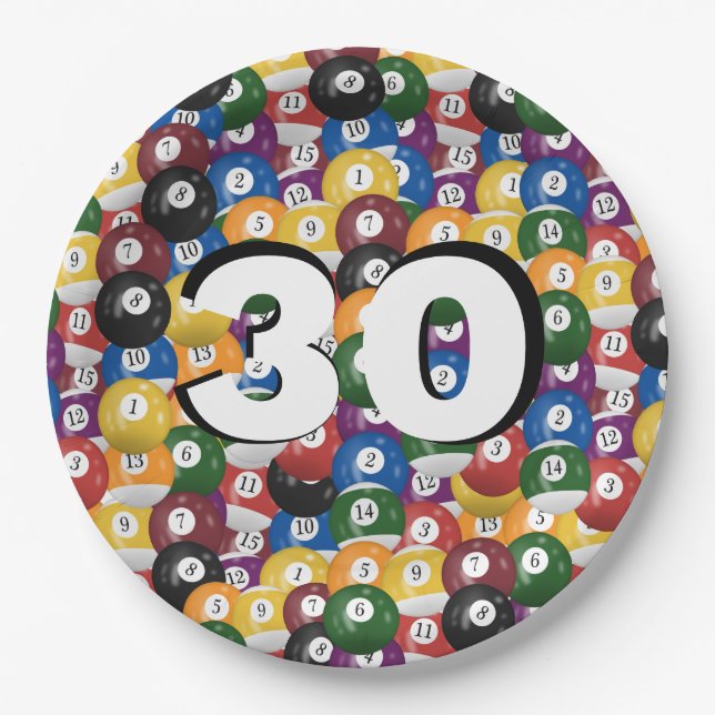 Prato De Papel Billiard Balls para aniversário de 30 anos (Frente)