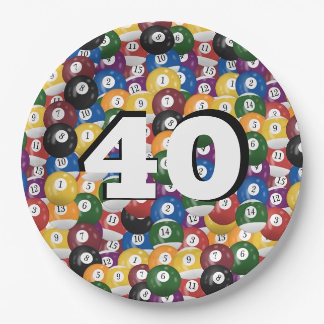 Prato De Papel Billiard Balls para aniversário de 40 anos (Frente)