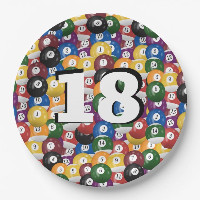 Prato De Papel Billiard Balls para o 18º aniversário (Frente)