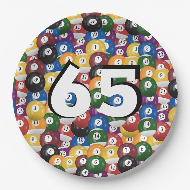 Prato De Papel Billiard Balls para o 65º aniversário (Frente)