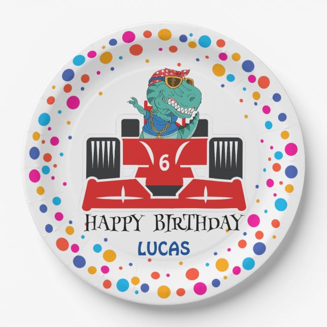 Prato De Papel Birthday Dinosaur Race car Garoto de Corrida Verme (Frente)