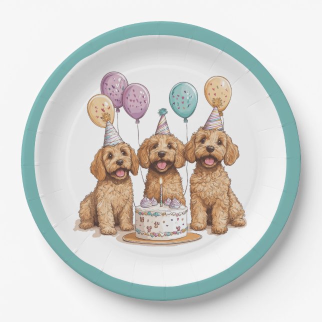 Prato De Papel Birthday Goldendoodle Cães Bolo de Aniversário (Frente)