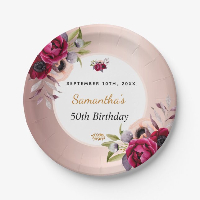 Prato De Papel Birthday rose gold burgundy floral elegante (Frente)