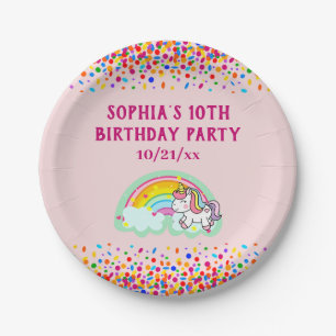 Prato De Papel Birthday Unicorn Rainbow Confetti rosa