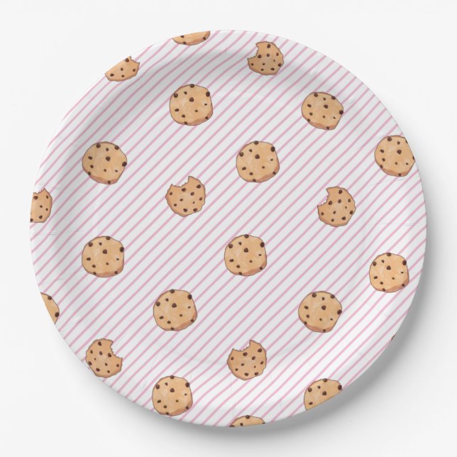Prato De Papel Biscoitos Listras Rosa Festa de Aniversário (Frente)