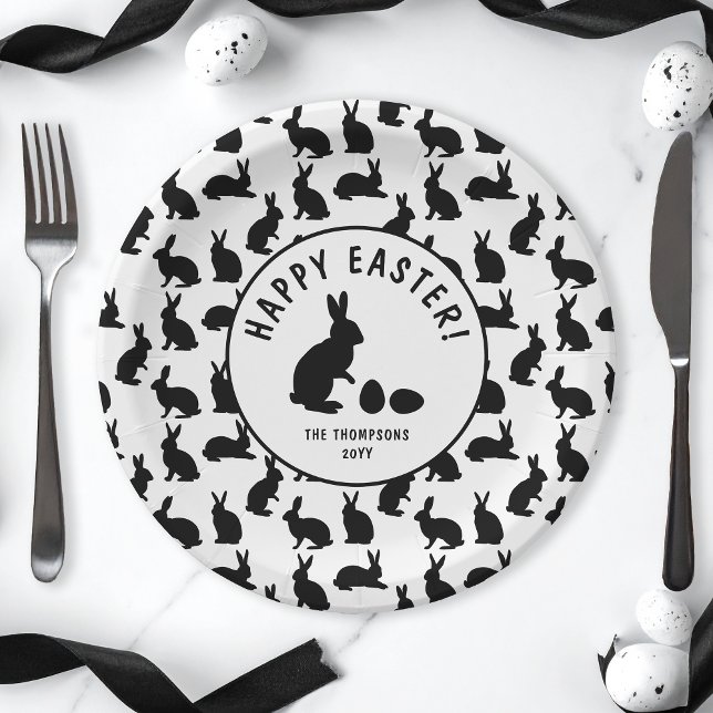 Prato De Papel Black And White Bunny Shapes Modern Easter (Criador carregado)