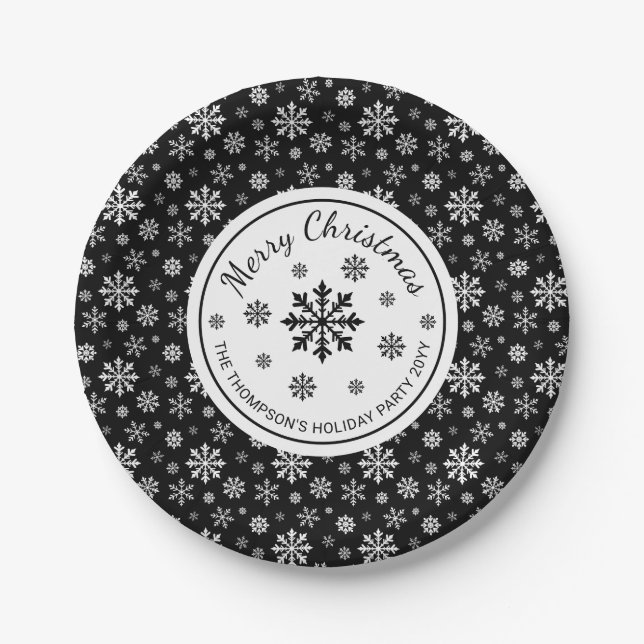 Prato De Papel Black And White Snowflakes Modern Christmas Party (Frente)