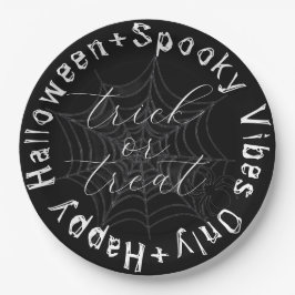Prato De Papel Black and White Spider Web Modern Happy Halloween