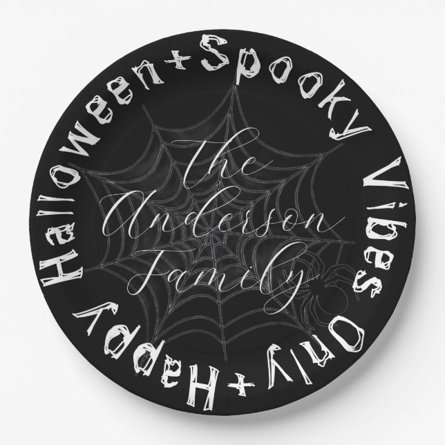 Prato De Papel Black and White Spider Web Modern Happy Halloween (Frente)