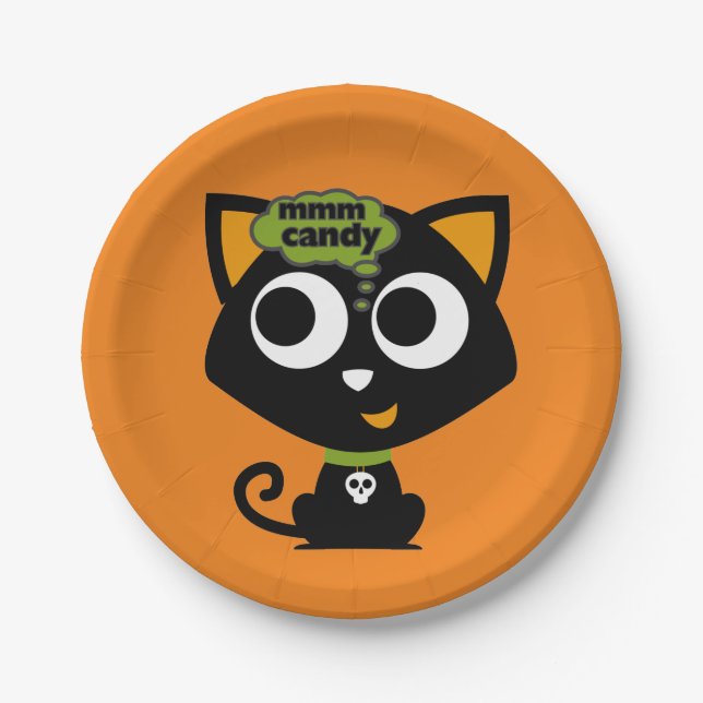 Prato De Papel Black Cat Mmm Candy Halloween (Frente)