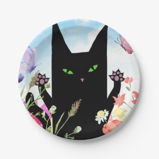 Prato De Papel Black Cat Spring Fever:  Kitty and Flowers