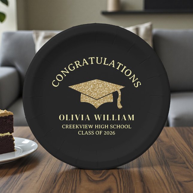 Prato De Papel Black & Gold Class Of 2026 Graduation Party (Criador carregado)