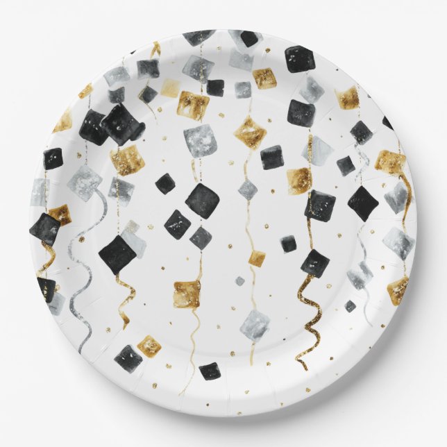 Prato De Papel Black Gold Happy New Year Confetti (Frente)