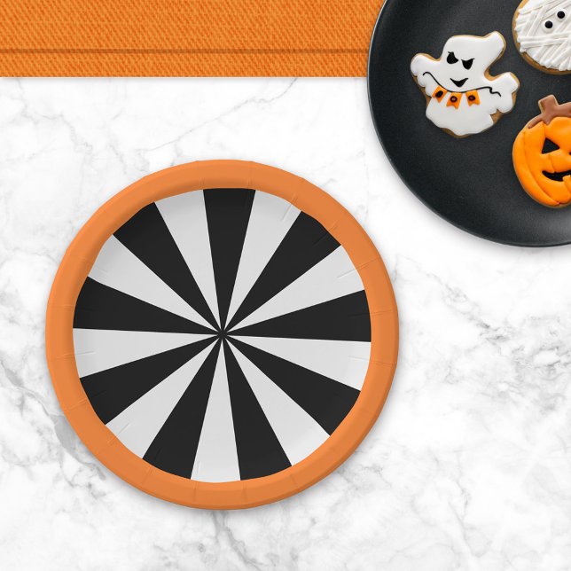 Prato De Papel Black Orange White Halloween Sunburst (Criador carregado)