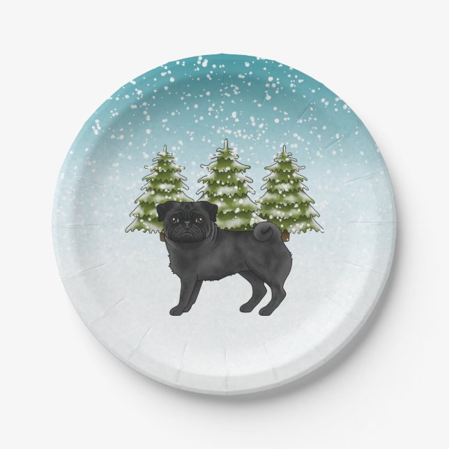 Prato De Papel Black Pug Cute Cartoon Dog Snowy Winter Forest (Frente)
