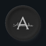 Prato De Papel Black Silver Modern Script Girly Monographic Name<br><div class="desc">Monograma Silver e Preto Adicione Suas Próprias Placas de Grupo de Script. Isto faz o doce e perfeito aniversário de 16 anos,  casamento,  chá de panela,  aniversário,  chá de fraldas ou festa de solteira presente para alguém que ama luxo de luxo e estilos quíticos.</div>
