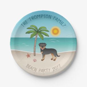 Prato De Papel Black & Tan Rottweiler Em Uma Praia Tropical De Ve