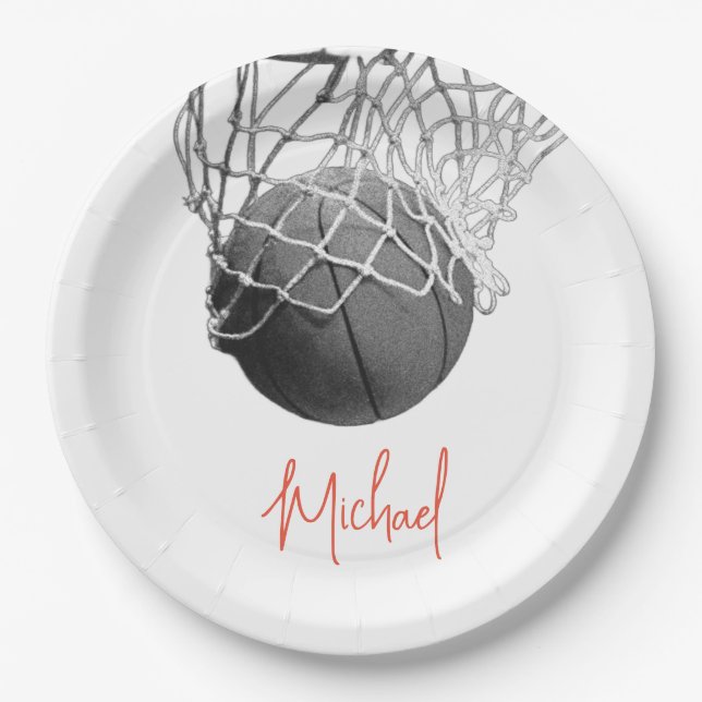 Prato De Papel Black & White Basketball Ball & Net Your Name (Frente)