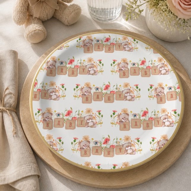 Prato De Papel Blocos de Bebê, Ursos e Flores Silvestres (Criador carregado)