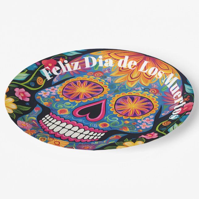 Prato De Papel 💀 🎉 Bloom e Ossos Plate Día de los Muertos (Inclinado)