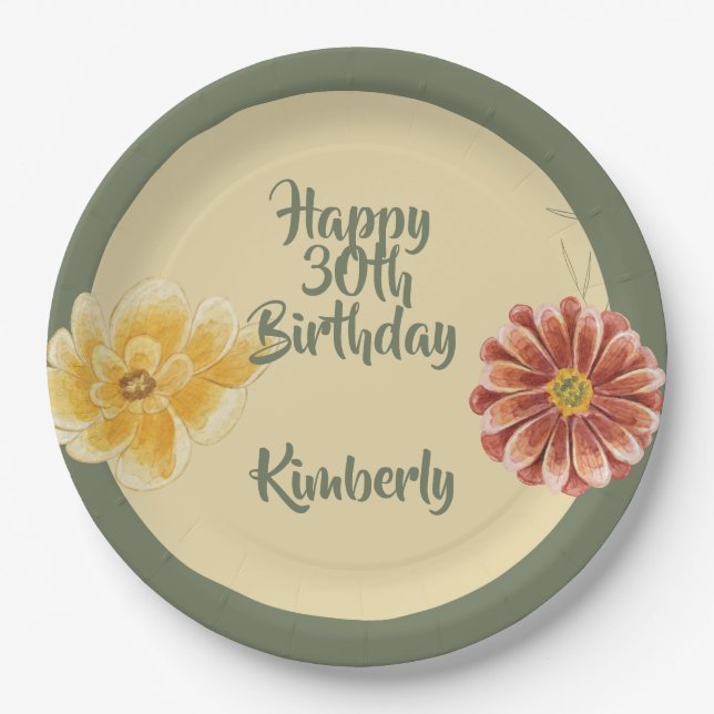 Prato De Papel Blooming Florals Personalized Birthday Party Plate (Frente)