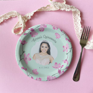 Prato De Papel Blossomas de Cereja Rosa, Verde Mint, Foto