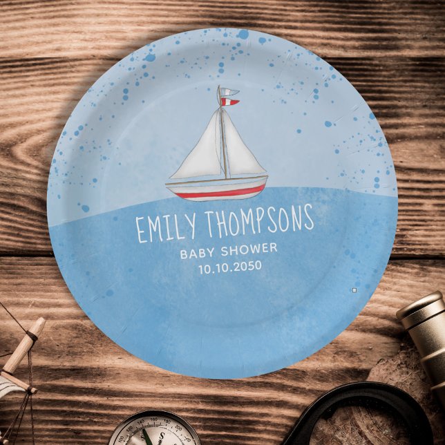 Prato De Papel Blue Baby Boy Watercolor Chá Personalizado (Criador carregado)