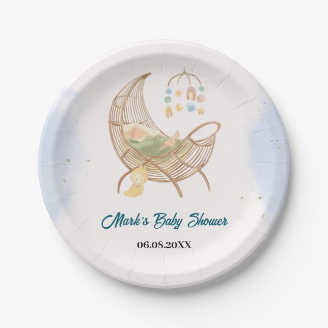 Prato De Papel Blue Baby Shower Paper Plate – Custom Name  (Frente)