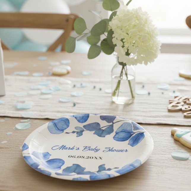Prato De Papel Blue Baby Shower paper plate – Custom Name & Event (Criador carregado)