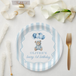 Prato De Papel Blue Balloons Teddy Bear Birthday Paper Plate