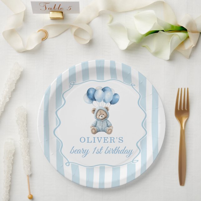 Prato De Papel Blue Balloons Teddy Bear Birthday Paper Plate (Casamento)