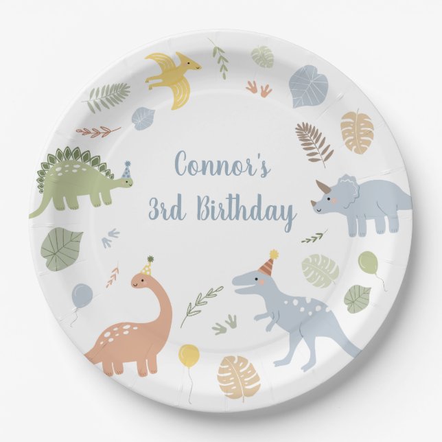 Prato De Papel Blue Boy Boho Dinosaur Birthday (Frente)