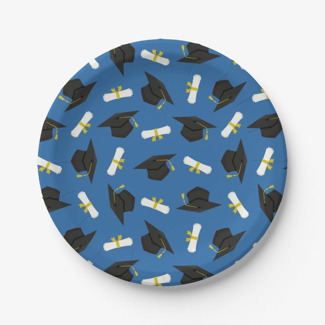 Prato De Papel Blue Caps Diplomas Pattern Graduation Party (Frente)