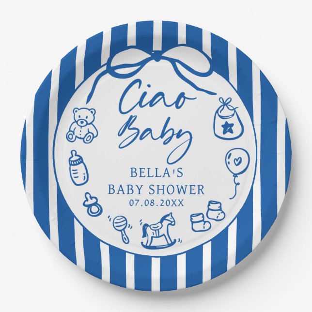 Prato De Papel Blue Ciao Bambino Italian Illustrated Baby Shower (Frente)