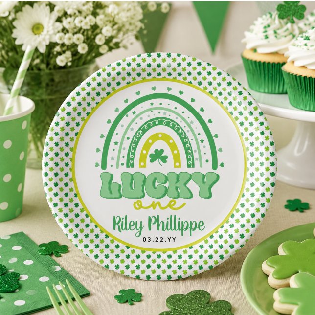 Prato De Papel Blue Clover & Rainbow Lucky One Primeiro Aniversár (Blue Clover & Rainbow Lucky One First Birthday Paper Plates)