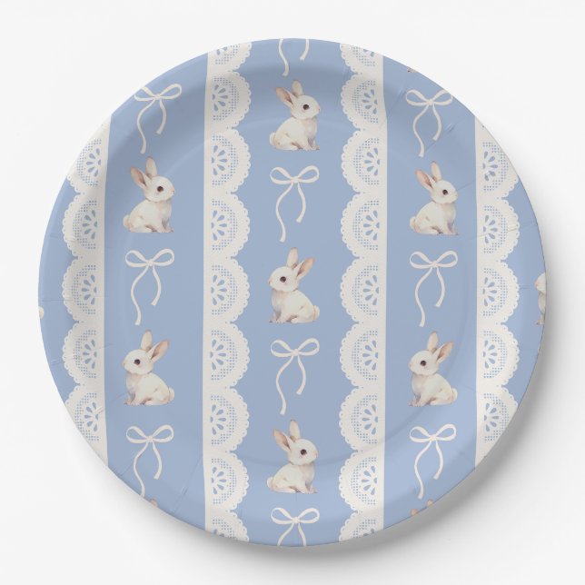 Prato De Papel Blue Coquette Bow Bunny Lace Pattern Paper Plate (Frente)