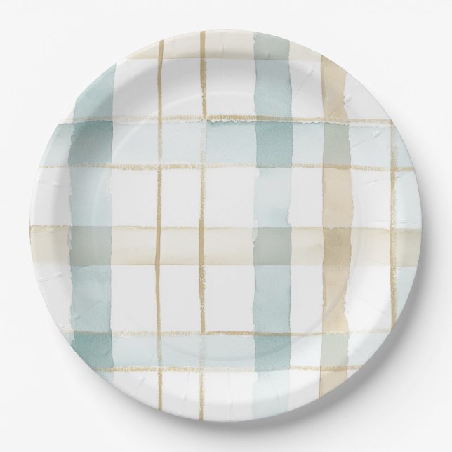 Prato De Papel Blue Cream White Plaid Stripes Birthday (Frente)
