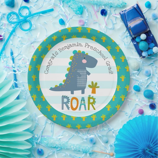 Prato De Papel Blue Dinosaur Boy Preschool Graduation Whimsical (Festa)