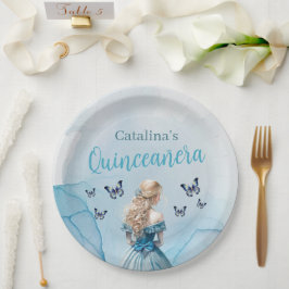 Prato De Papel Blue Dourada Butterfly Princess Quinceañera