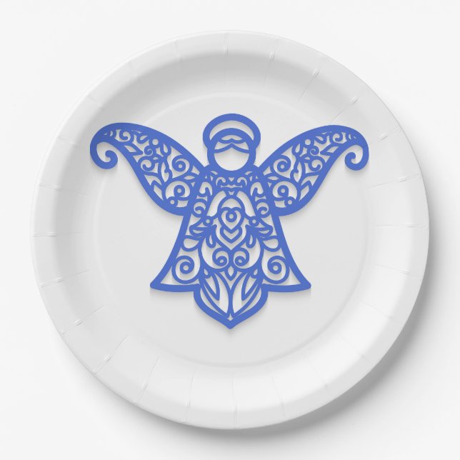 Prato De Papel Blue Filigree Angel Silhouette Ornate Lace (Frente)