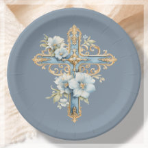 Blue Floral Cross First Santa Comunhão